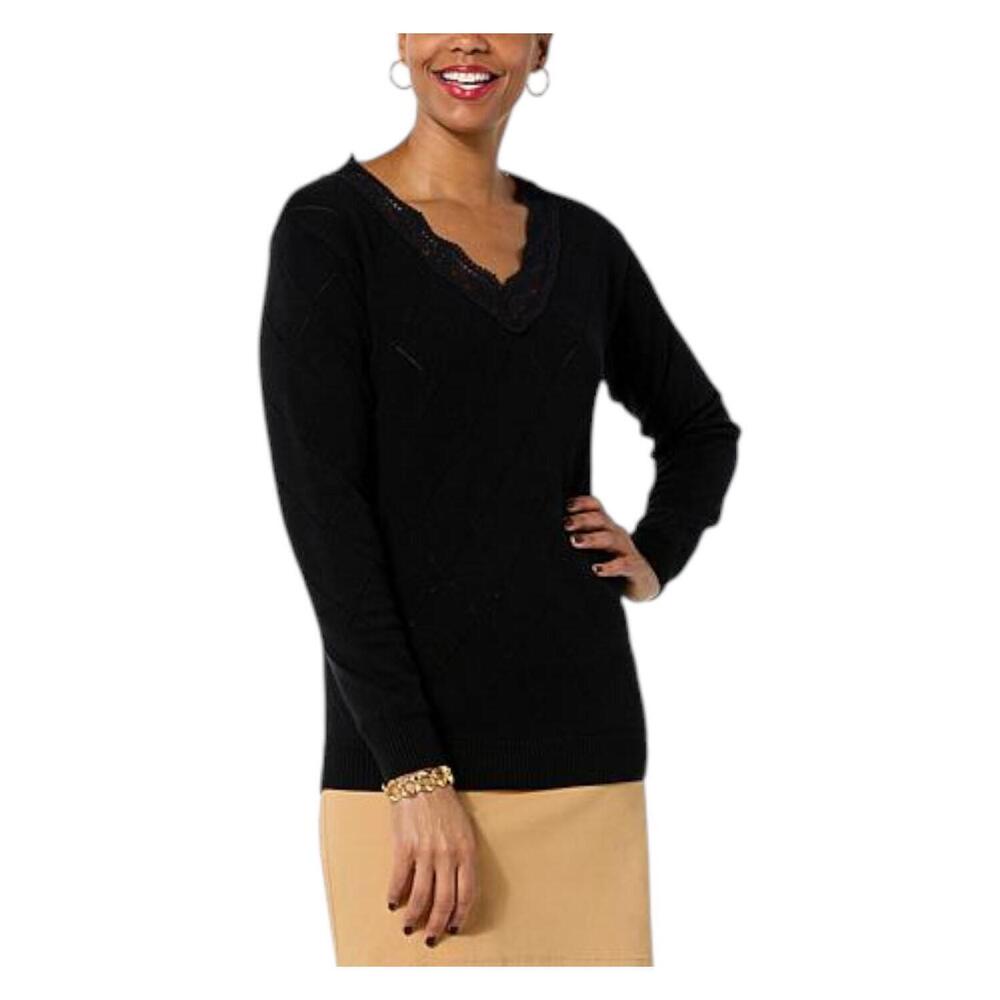 Colleen Lopez Women's Pointelle Lace Pullover Sweater Black - Regular